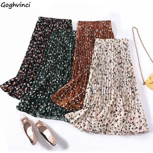 Midi Skirts Women Vintage Floral Pleated All-match Elegant Office Daily 4-colors Retro Fashion Girls A-line Chic Mujer Faldas
