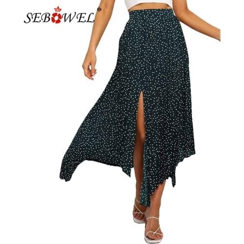 SEBOWEL Woman Fashion Print Side Slit Pleated Maxi Skirt Summer Casual Beach Asymmetrical Boho Skirt Female Elegant Maxi Skirt