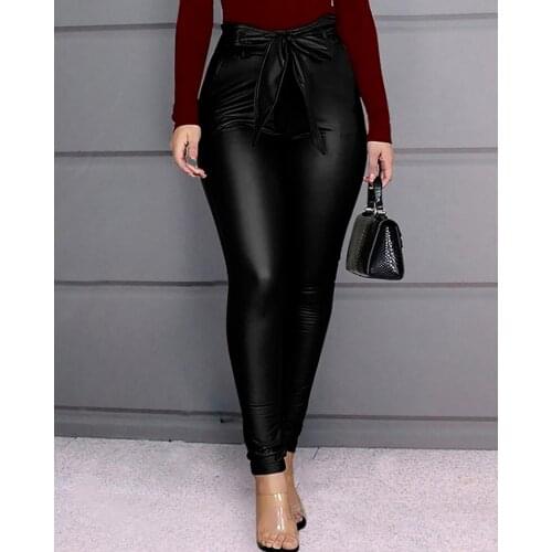 Womens Leggings PU Leather Bow Pants High Waisted Stretchy Skinny Pencil Trousers Office Lady Elegant Pant