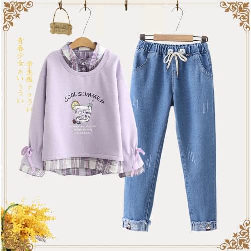 Ladies Suit Spring and Autumn Girl Thin Sweater Junior High School Students All-match Jeans Two-piece Women