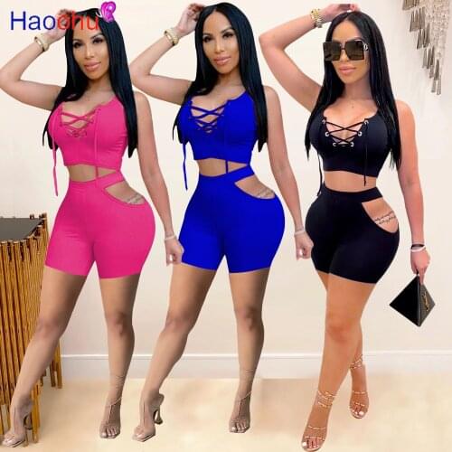 Sexy Bodycon 2 Two Piece Set Summer Outfits for Women Lace Up Hollow Crop Tank Top Cut Out Biker Short Beachwear Matching Suits