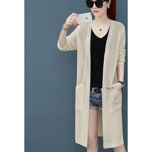 2020 Women Knitted Casual Cardigan Open Stitch Transparent Long Sleeve Mid-Length Cardigan Sweater Air-conditioned Knitwear