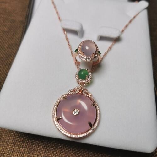 Charm Natural Pink Jade Jewelry Sets For Women Female Rose Gold 925 Sterling Silver Ring/Necklace Party Anniversary Fine Jewelry