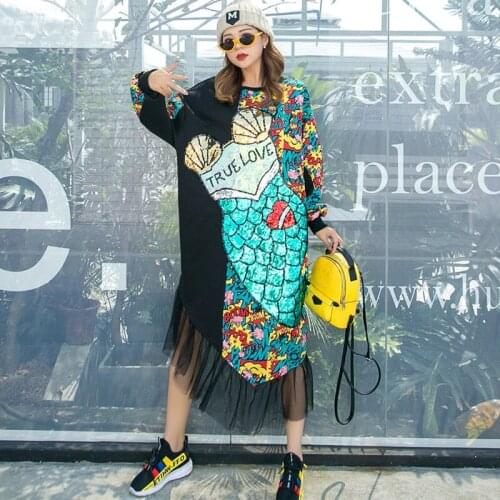 Fashion Brand Womens Cartoon Sequins Stitching Mesh Large Size Long Dress Round Neck Loose Dress Irregular Type