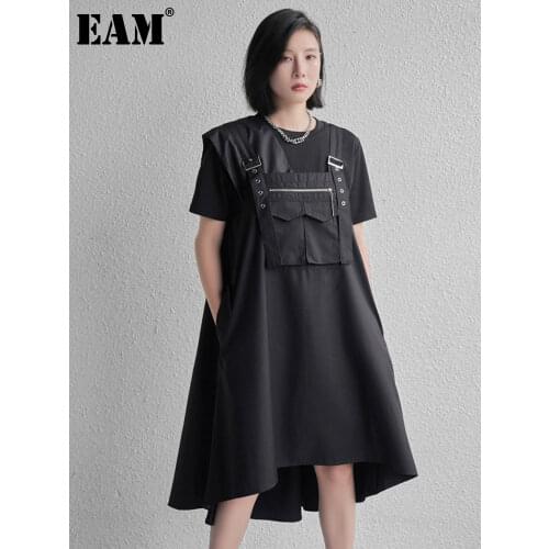 [EAM] Women Black Irregular Pocket Spliced Strap Midi Dress New Sleeveless Loose Fit Fashion Tide Spring Summer 2021 1DE0976