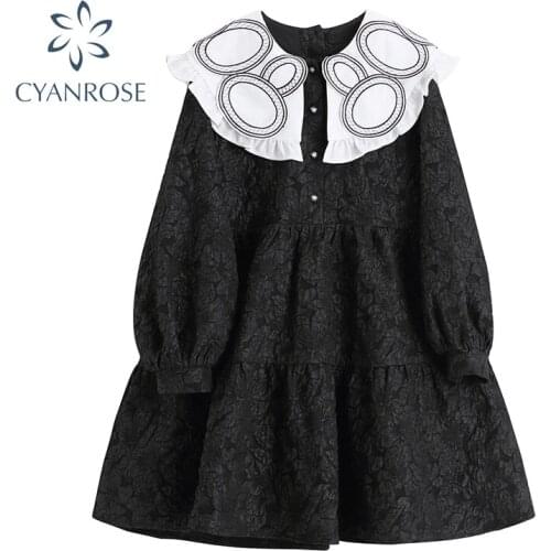 Fashion Spring Dress Women Lantern Long Sleeve Peter Pan Collar Gothic Lolita Oversized Dresses Preppy Style Elegant 2021 Frocks