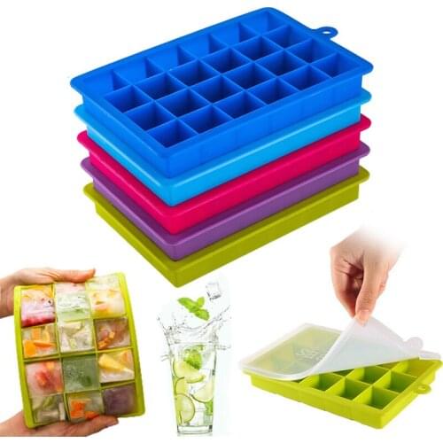 15 Grids/24 Grids Silicone Ice Cube Tray With Lid Square Fruit Ice Cube Maker For Kitchen Refrigerator Drinks Accessories
