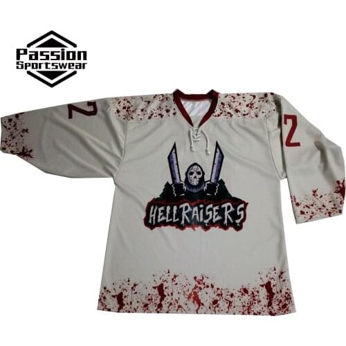 5 pcs $35 Each Black and White Blood Red Lace Up Ice Hockey Jerseys with Sublimated logos