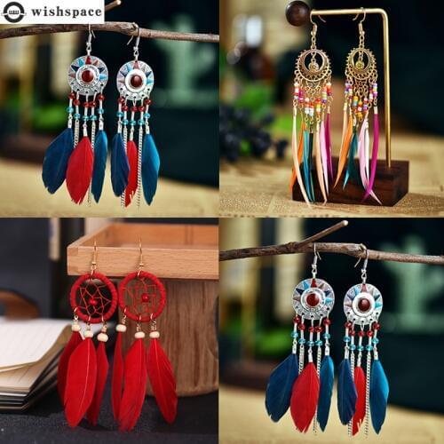 Wishspace New Bohemia retro hollow out long feather earrings tassels eardrop jewelry wholesale sell like hot cakes
