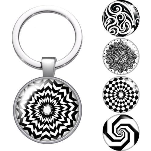 Black patterns Abstract lines glass cabochon keychain Bag Car key chain Ring Holder silver color keychains for Men Women Gifts