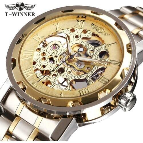 WINNER Golden Watches Men Skeleton Mechanical Watch Stainless Steel Strap Top Brand Luxury T-WINNER Classic Wristwatch-614S