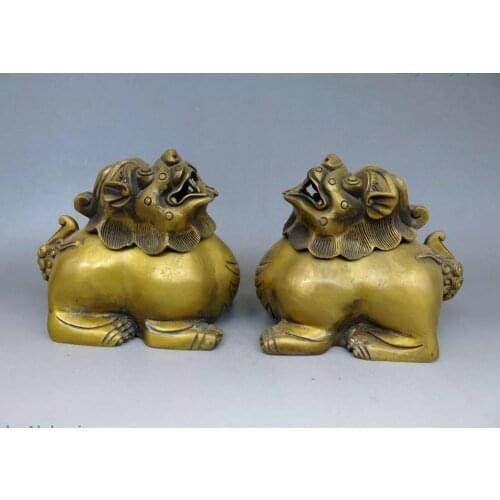China pure brass copper carved Foo Dogs Lion pair Incense burner censer Statue