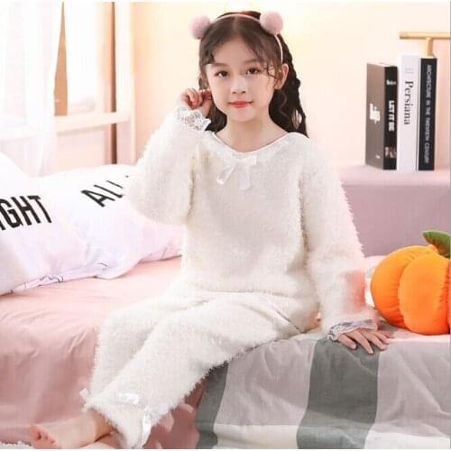Big Girl Home Wear Princess Style Pajamas Suit Girls Sleepwear Set Atumn Winter Warm Flannel Pajamas for Girls Christmas Gift