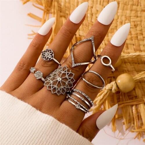 HI MAN 7Pcs/Set Hip-Hop Rock Mixed Micro-Inlaid Crystal Hollow Flower Geometric Ring Women Classic Elegant Birthday Gift Jewelry