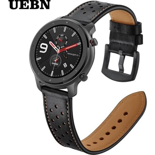 UEBN 20mm 22mm Leather Breathable Wrist Strap for Xiaomi huami amazfit GTR 42mm 47mm Bracelet for amazfit GTS bip Watchband