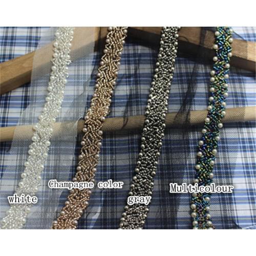 Free Shipping 2Y 1.5cm Fake Pearl Beaded Lace Trim Vintage Mesh Fabric Paillette Lace Beaded Pearl Trim Braid Lace AppliqueRS455