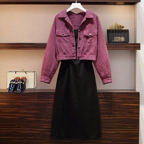 Fashion brand Suit Women Autumn New slim sexy suspender mid-length small black Dress + Short denim Jacket two-piece Female sets