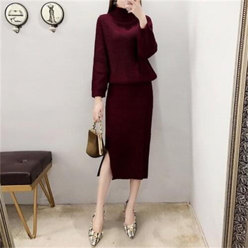 Fashion woolen suit ladies knit suit female fall winter outfit New high-quality high-neck warm sweater + skirt two-piece suit