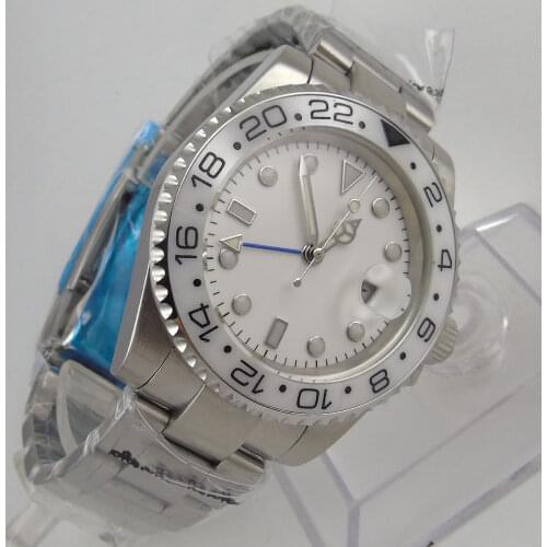 40MM Sterile White Dial Sapphire glass Date Steel Bracelet Blue GMT Automatic Movement Mens Watch