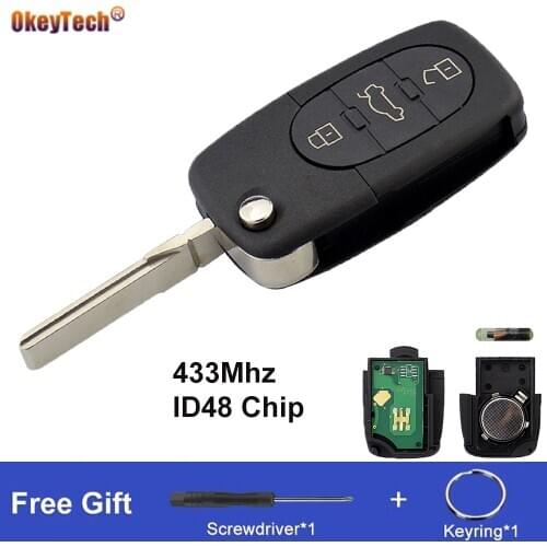OkeyTech 3 Button Flip Remote Control Car Key For Audi A3 A4 A6 A8 B5 TT RS4 Quattro Old Models 433Mhz ID48 Chip 4D0837231 A/N/K