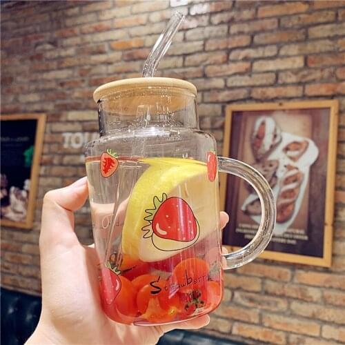 Girls Portable Cute Glass Cup Drink Juice Drinking Glasses Water Glass Cup Waterbottle Mason Jar Cup With Straw Verre Drinkware
