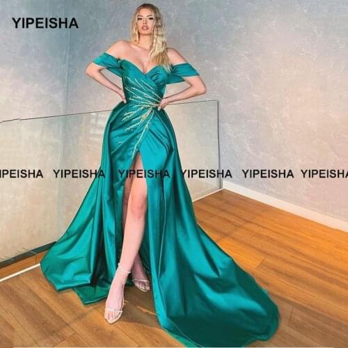 Yipeisha Luxury Beaded Emerald Prom Dresses Off-shoulder Side Slit Pageant Dress Long Party Gown Plus Size Vestido de Festa