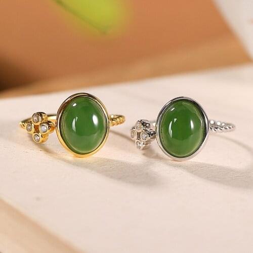 S925 sterling silver gold-plated natural Hetian jade ring graceful personality four-leaf clover Womens Open ring