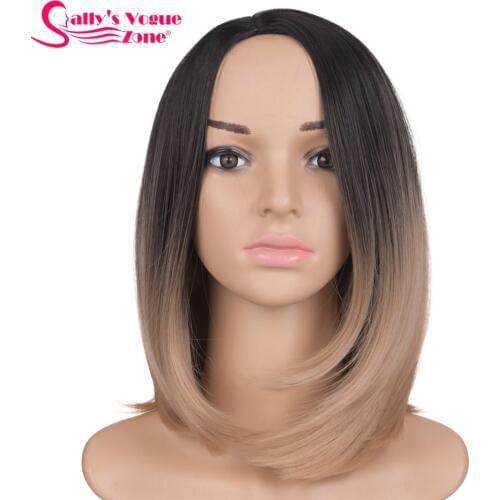 Sallyhair Middle Part 12inch Japanese High Temperature Fiber Synthetic Short Ombre Black Dark Blonde Color Bob Wig For Women