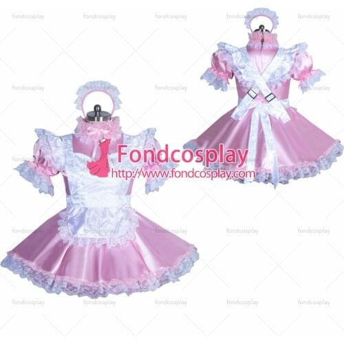 Fondcosplay adult sexy cross dressing sissy maid short French lockable pink satin dress white apron unisex Tailor-made[G3884]