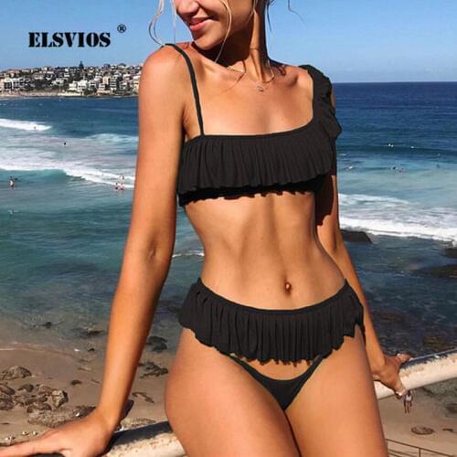 ELSVIOS Three-piece Sexy Off Shoulder Flounce Ruffle Bikini Set Women Solid High Waist Bikini Swimsuit Lady Biquini Bathing Suit