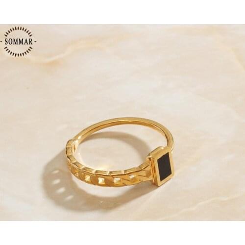 SOMMAR new Gold color Ring with stone black square women wedding rings geometric and circular opal Charming Jewelry Accessories