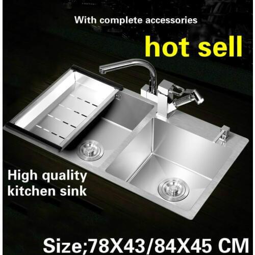 Tangwu Senior handmade double groove food-grade 304 stainless steel kitchen sink more durable 78X43/78X47X20/84X45X22 CM