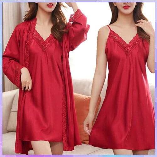 Women 2PCS Robe Set Bride Bridesmaid Wedding Robe Gown Lace Sexy Kimono Bathrobe Night Dress Casual Nightgown Sleepwear Nightie