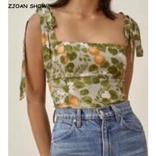 2021 Retro Tie Bow Strap Yellow Lemon Print Green Camis Women Summer Ruched Short Tank Tops Cool Girl Sexy Slim Crop Top Tees