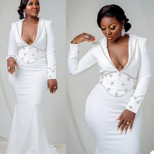 Hot Sale White Mermaid Trumpet Cocktail Dresses Long Sleeve V Neck Prom Dress Stretchy Party Gowns