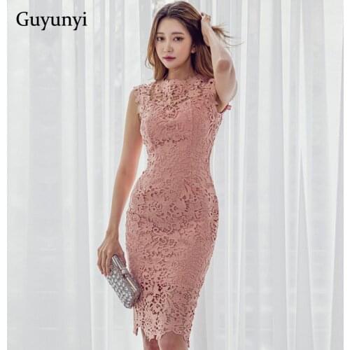 Pink Lace Dress 2021 Summer Korean Version Simple Sleeveless High Waist Tight Dress Back Zipper Elegant Party Dress Women