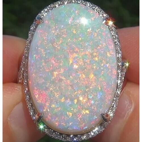 Milangirl Personality Fashion Large Oval Egg Shaped Opal Ladies Ring For Women Exaggerated Crystal Wedding Ring Jewelry