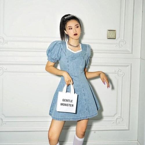 2021summer Palace Style Sweet Stitching Square Collar Sexy Backless Waist Temperament Elegant Cowboy Blue Mini Dress Woman