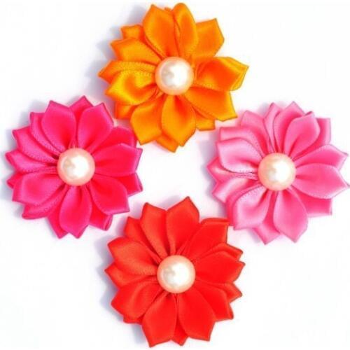 120pcs/lot 4cm 17colors Artificial Satin Ribbon Flower+Pearl Center For Kids Girls Hair Accessories Fabric Flowers For Headbands