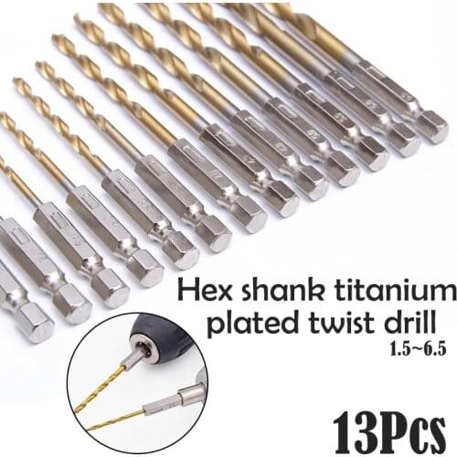 13Pcs Universal 1/4 Hex Shank 1.5-6.5mm Drill Bits HSS High Speed Steel Titanium Coated Power Tools Drill Bit Set Power Tools