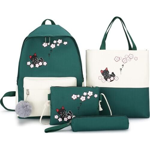 4Pcs/set Cat Printing Canvas Cute School Bag For Teenagers Girls Student Larger Capacity Women School Backpacks Female Book Bags