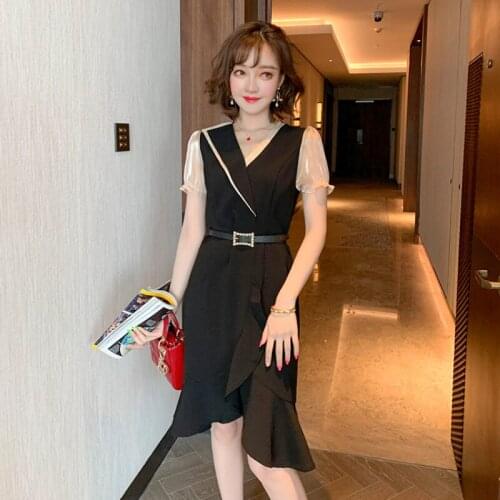 Awarose Summer Short Sleeve Irregular Ruffle Dress for Women V Neck High Waist with Belt A-Line Ladies Elegant Party Dresses