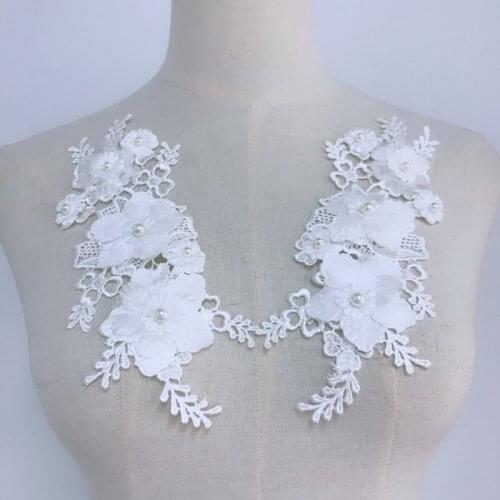 1 Pair White Beaded Pearl Lace Applique 3D Embroidered Flowers Lace Applique Sewing Wedding Dress Clothing Gown DIY Accessories