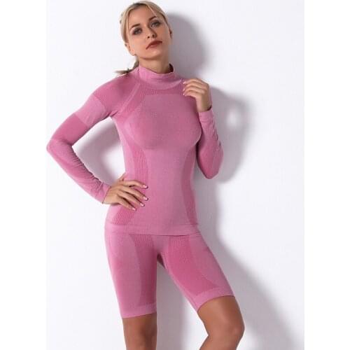 Seamless Yoga Set Women Active Wear 2Pcs Long Sleeve Gym Top And Booty Shorts Athletic Workout Clothes Fitness Sport Suit