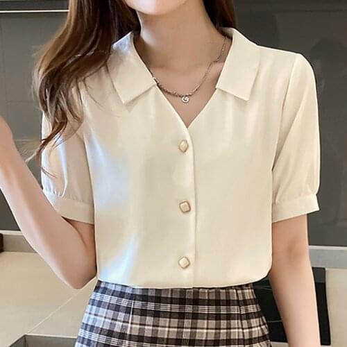 V-Neck Button Shirt Women Short Sleeve Chiffon Blouse 2021 Summer Tops New Korean Fashion Clothing Woman Blouses Chemisier Femme