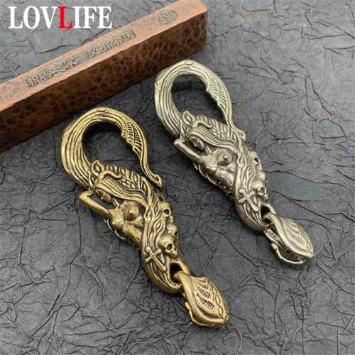 Punk Brass Mermaid Skull Keychain Pendant Vintage Metal Car Key Chain Hanging Accessories Handmade DIY Keyring Hook Belt Buckle