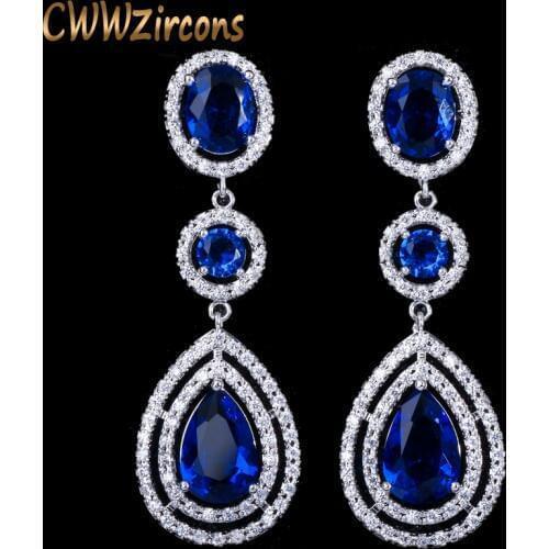 CWWZircons American Water Drop Cubic Zirconia Pave Long Dark Blue Bridal Wedding Earings For Brides Jewelry Accessories CZ209