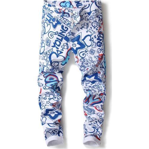 White Printed Men Jeans Fashion Male Unique Cotton Stretch Jeans Mans Casual Letter Star Pattern Printed Biker Denim Pants New