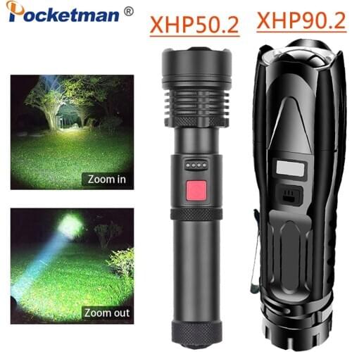 Super Bright XHP90.2 XHP50 Tactical Torch LED Zoomable Flashlight USB Rechargeable Flashlamp With Power Display As Power Bank
