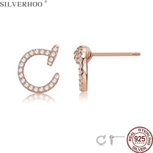 SILVERHOO 925 Sterling Silver Letter C Shape Stud Earring Full Clear 5A Cubic Zirconia Earrings Women Fine Jewelry Hot Selling